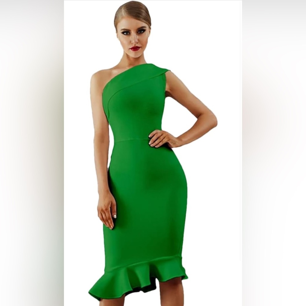 Green one shoulder midi dress